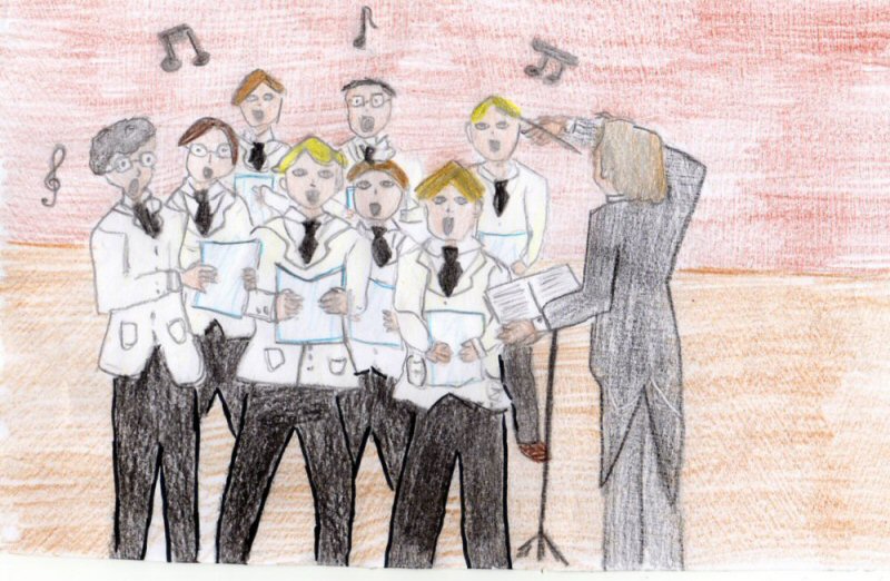 Disegno di un coro diretto dal maestro d'orchestra, eseguito da Carlotta (classe Quarta, scuola Primaria, a.s. 2007/2008)