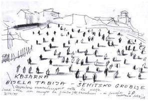 Cimitero musulmano sotto la neve (prima era un campo da gioco per bambini), 3 dicembre 1995. Sullo sfondo, caserma Armija Cimitero musulmano sotto la neve (prima era un campo da gioco per bambini), 3 dicembre 1995. Sullo sfondo, caserma Armija