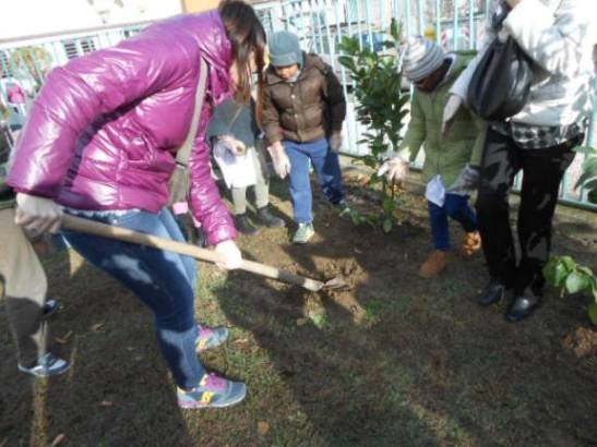 Un'insegnante rimuove un mucchio di terra.