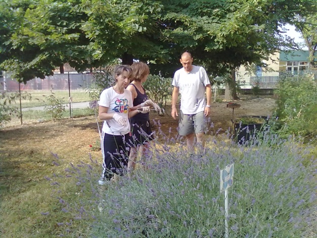 Giardiniere e maestre al lavoro Giardiniere e maestre al lavoro