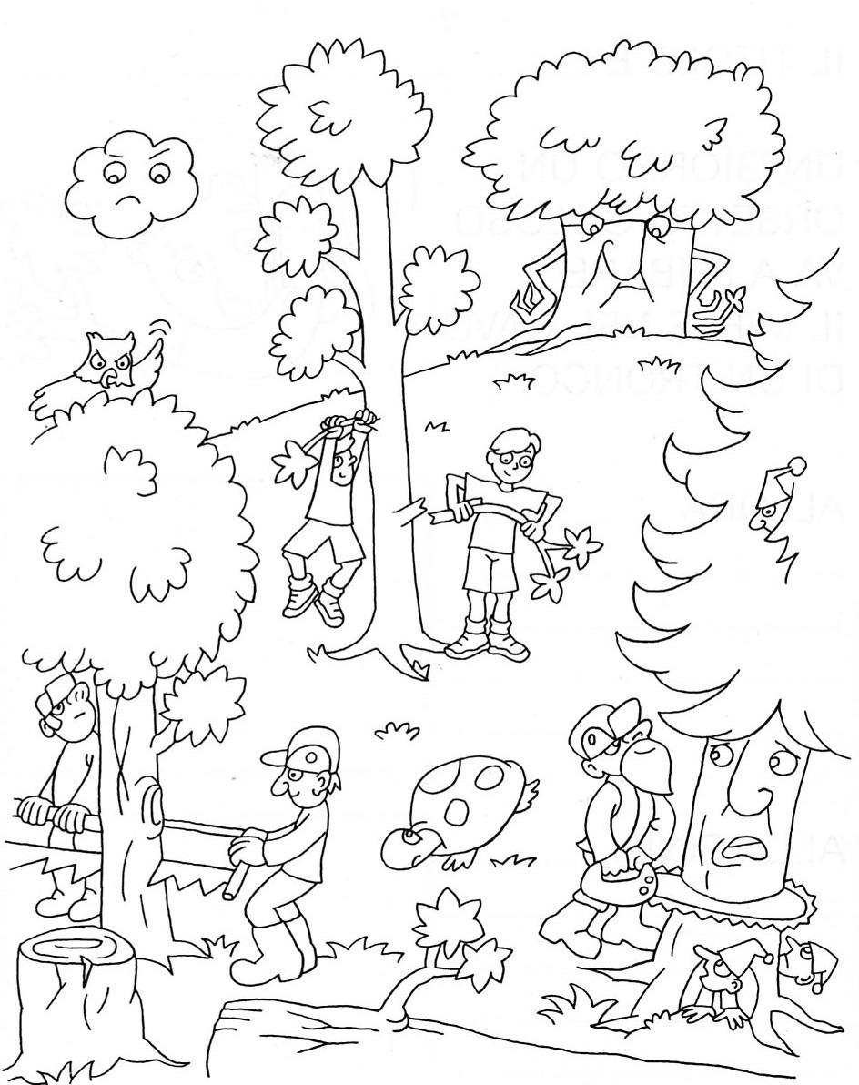 L'immagine raffigura tanti comportamenti scorretti adottati nel bosco: bambini che spezzano i rami arrampicandosi sui tronchi, taglialegna che abbattono i grandi e vecchi alberi, ect.