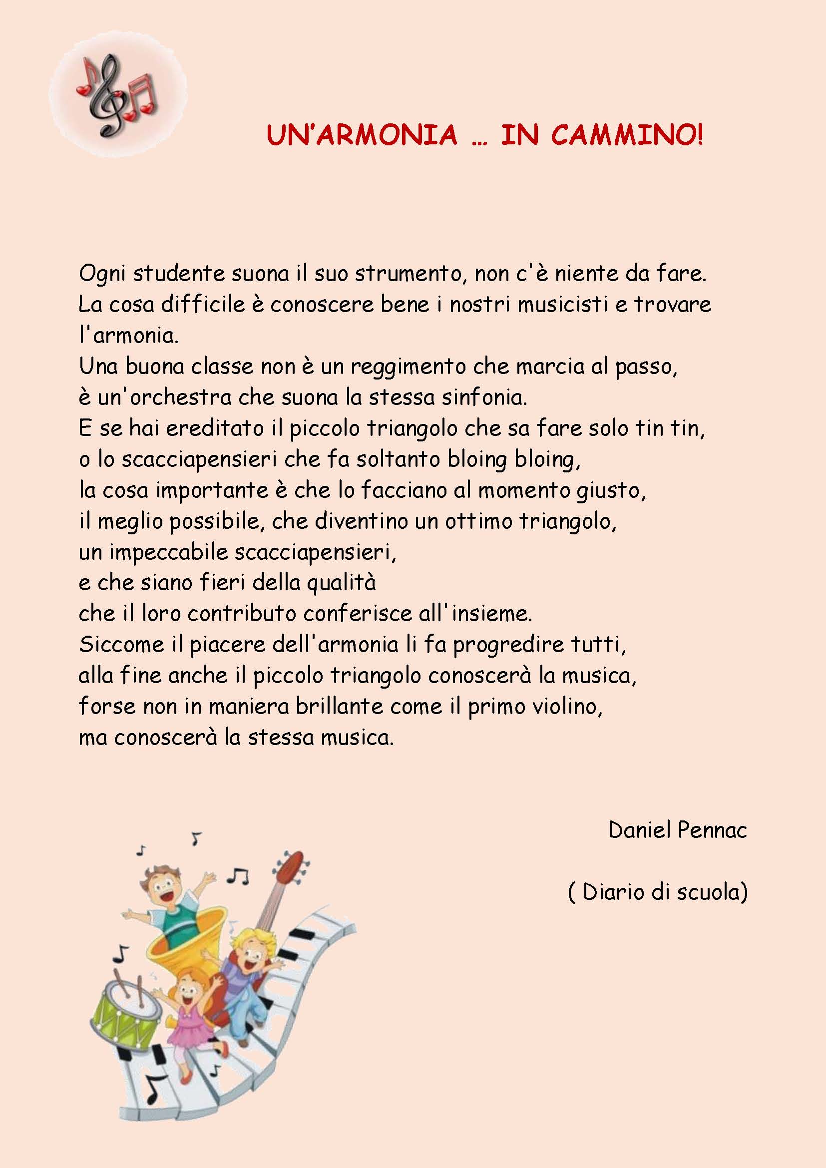 Immagine che riporta il messaggio in cui si invitano tutti a suonare ognuno il proprio strumento in quanto tutti gli strumenti insieme formano armonia.